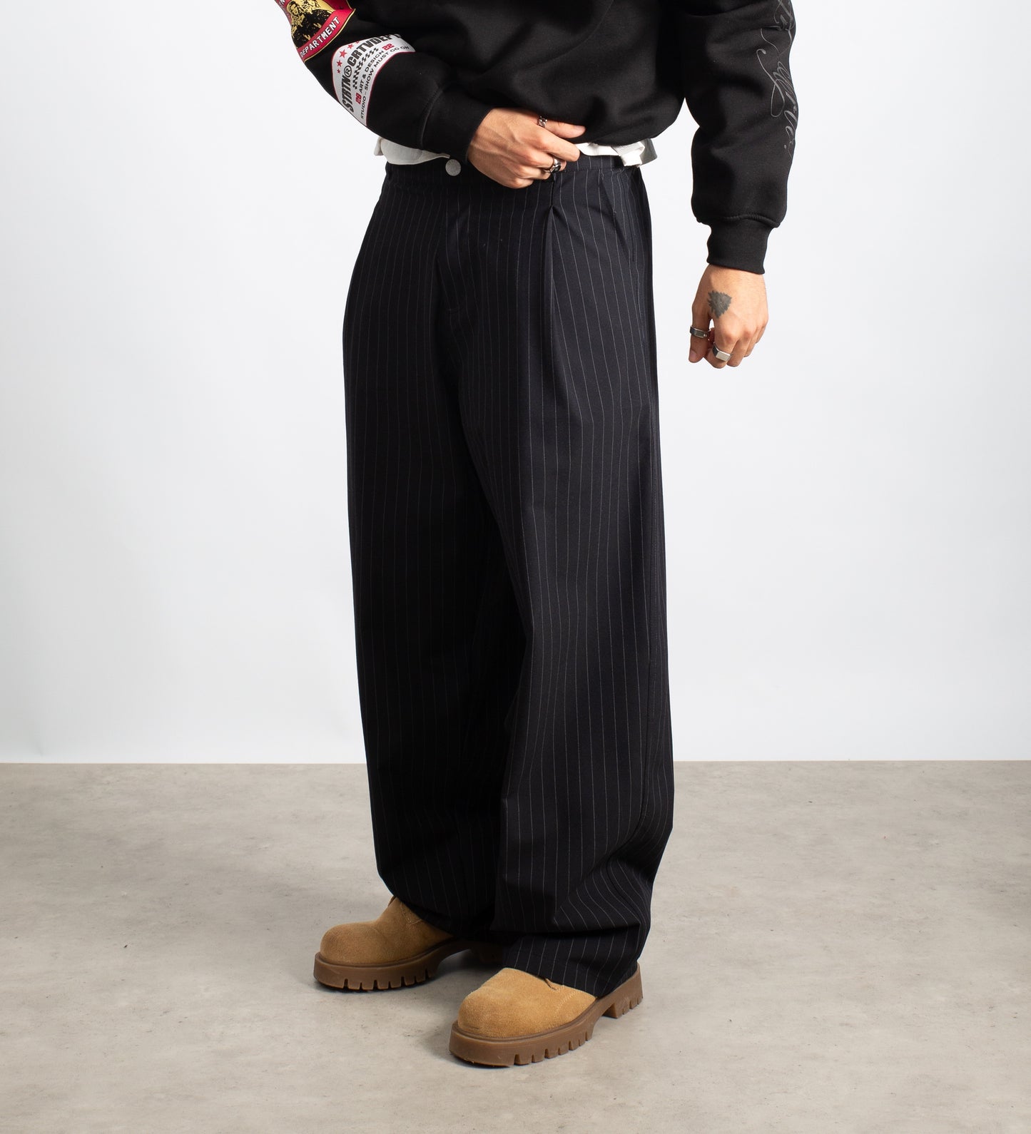 PINSTRIPE PLEATED TROUSERS – Black
