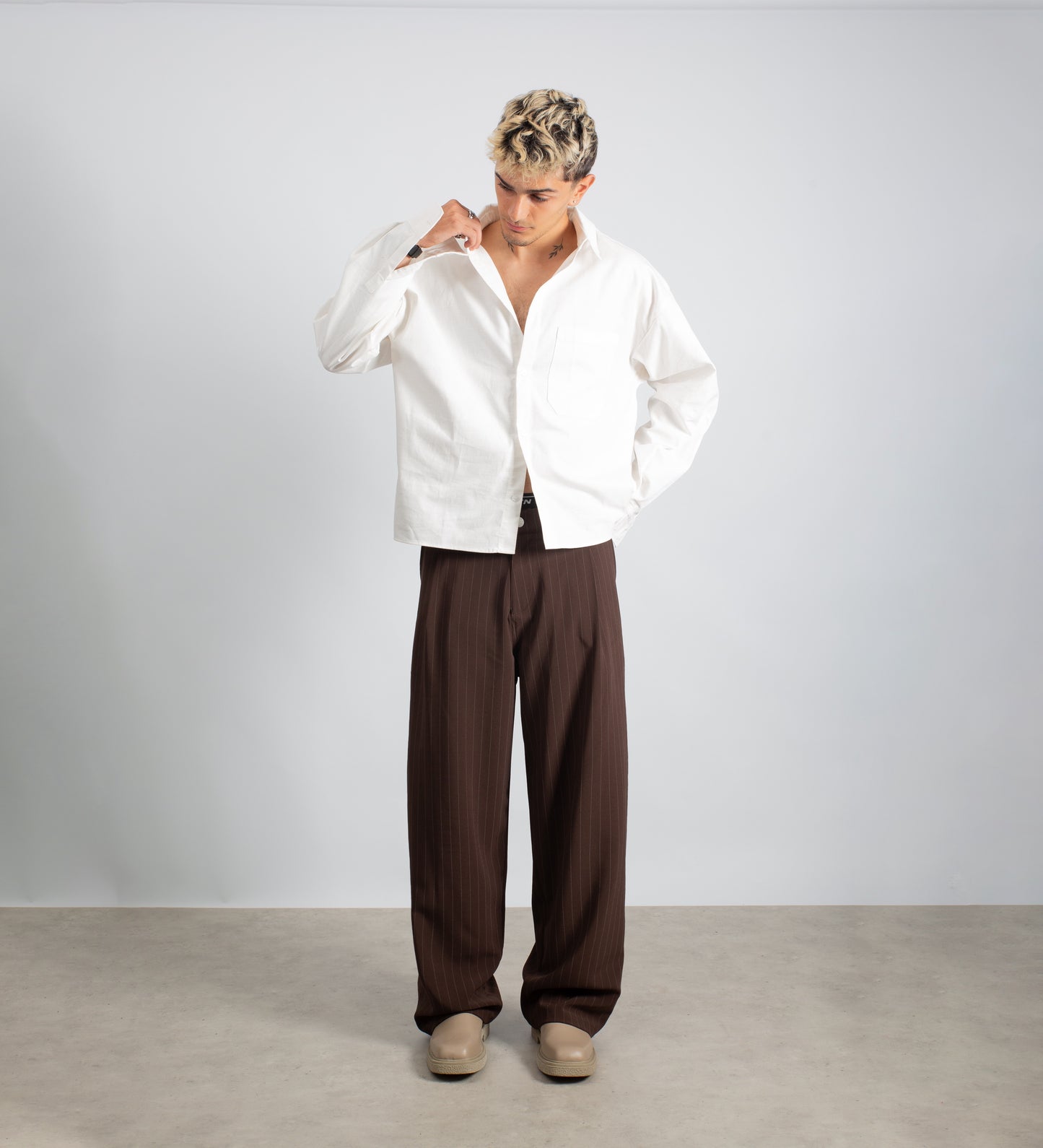 PINSTRIPE PLEATED TROUSERS – Mocha