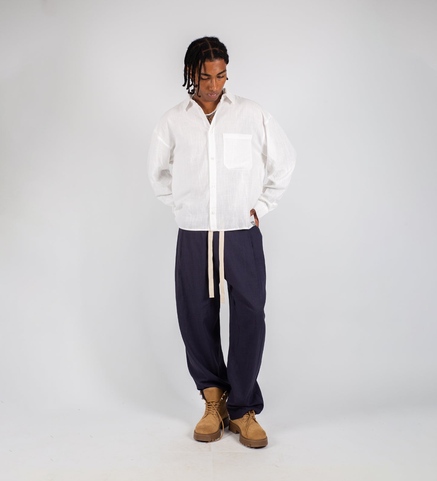 PLEATED BAGGY LINEN PANTS – Midnight Blue