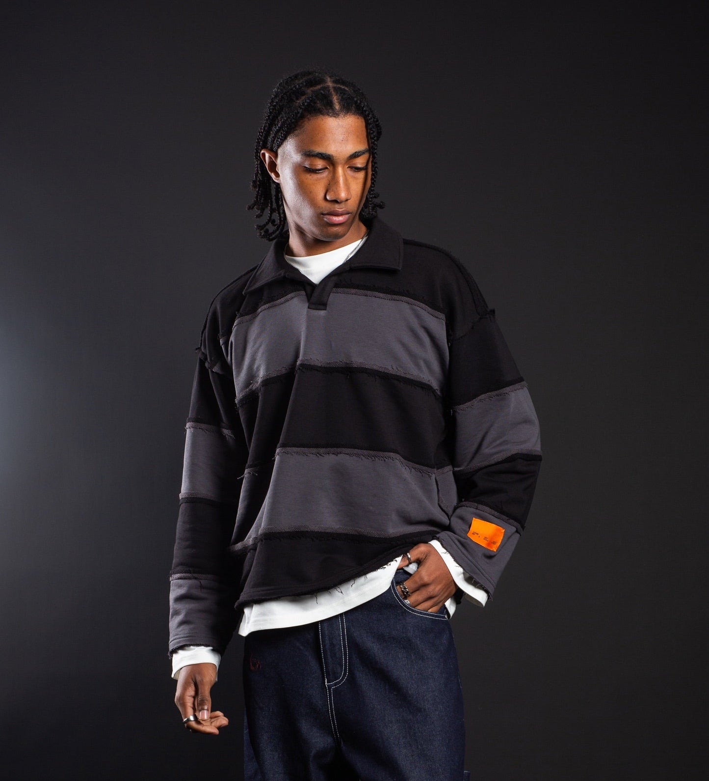 CRTV DEPT. DISTRESSED STRIPED POLO – Black/Gray