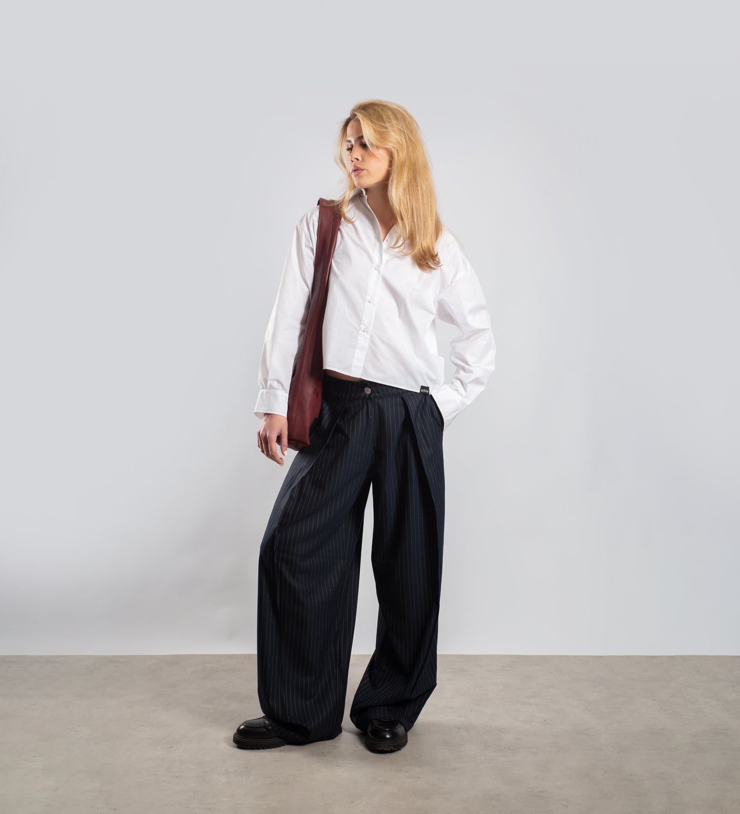 WOMEN'S PLEATED PINSTRIPE TROUSERS – Midnight Blue