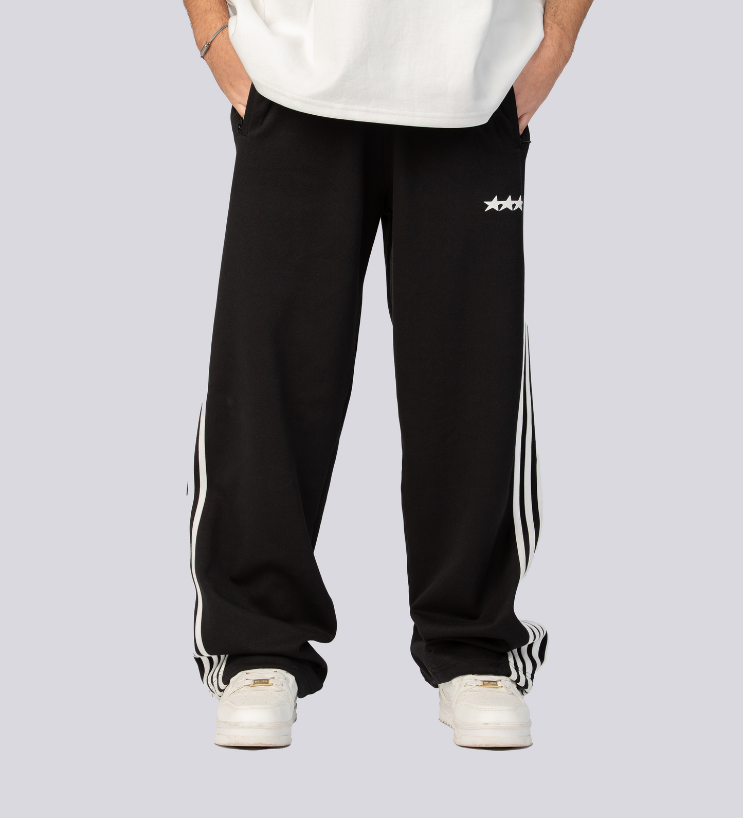 ATHLEISURE STRIPED TRACK PANTS – Black