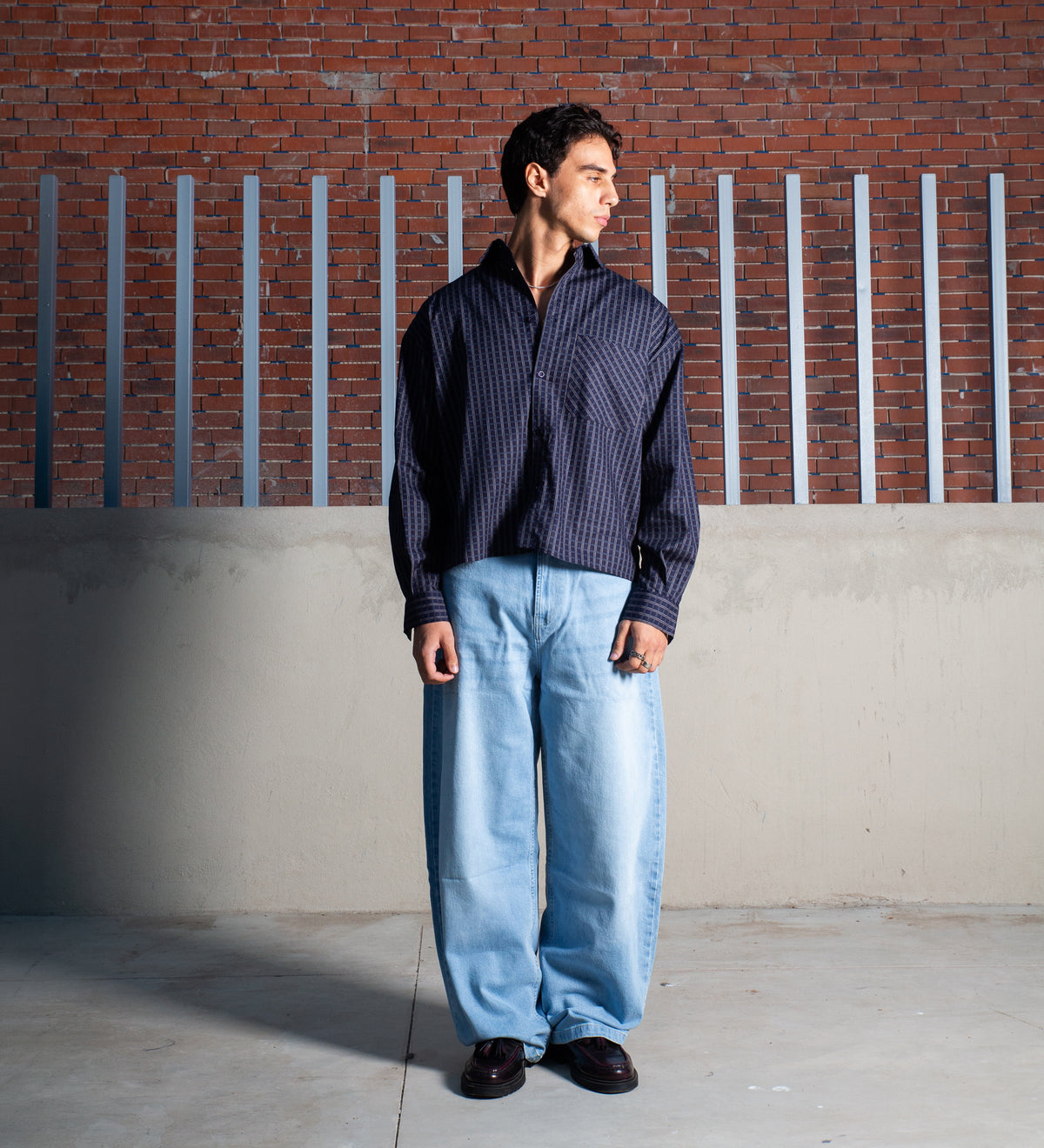 BOXY POPLIN CHECK SHIRT – Navy