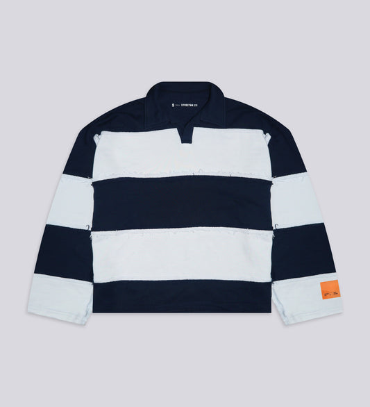 CRTV DEPT. DISTRESSED STRIPED POLO – Navy/Washed Blue